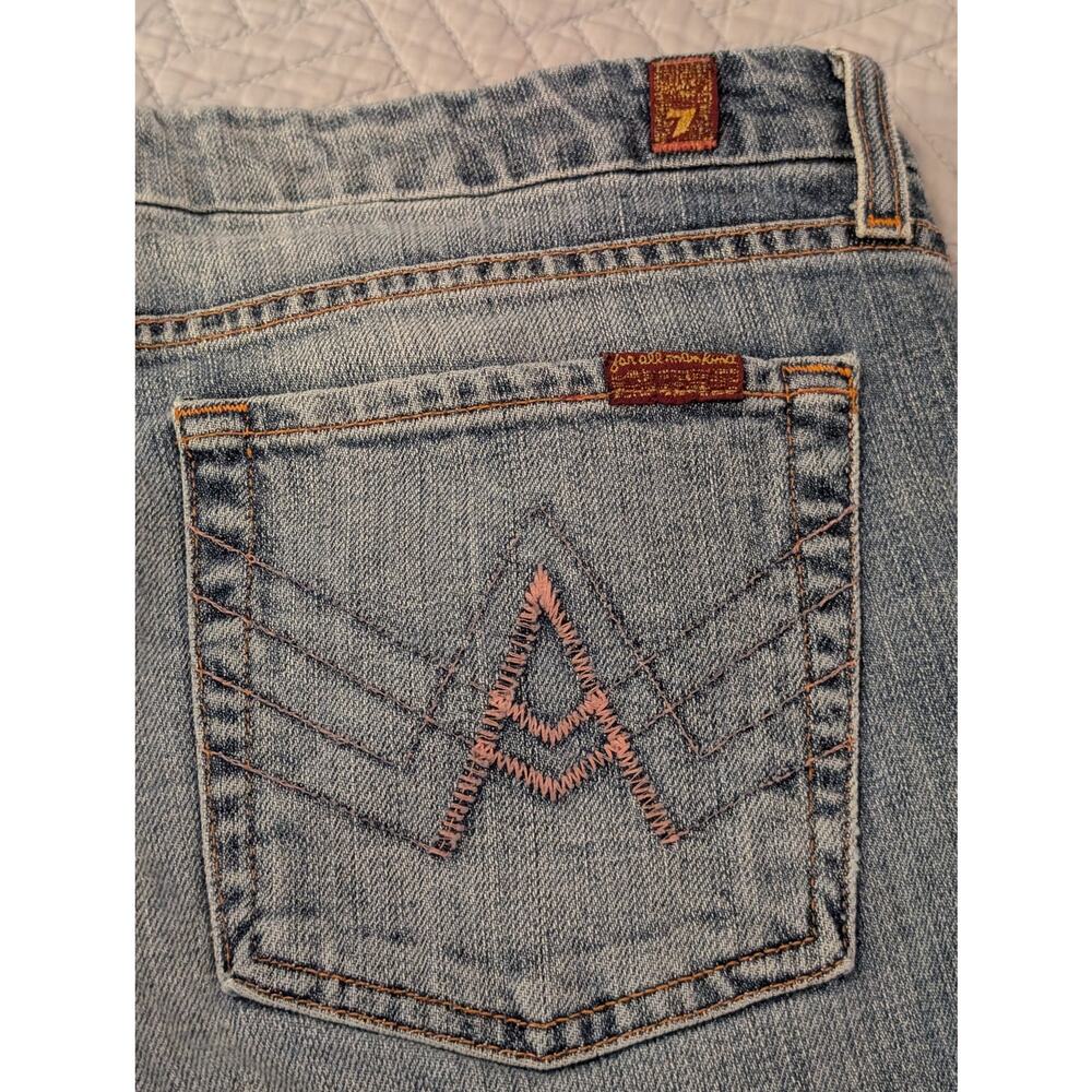 7 For All Mankind Light Blue Straight Leg Jeans with Pink Embroidery